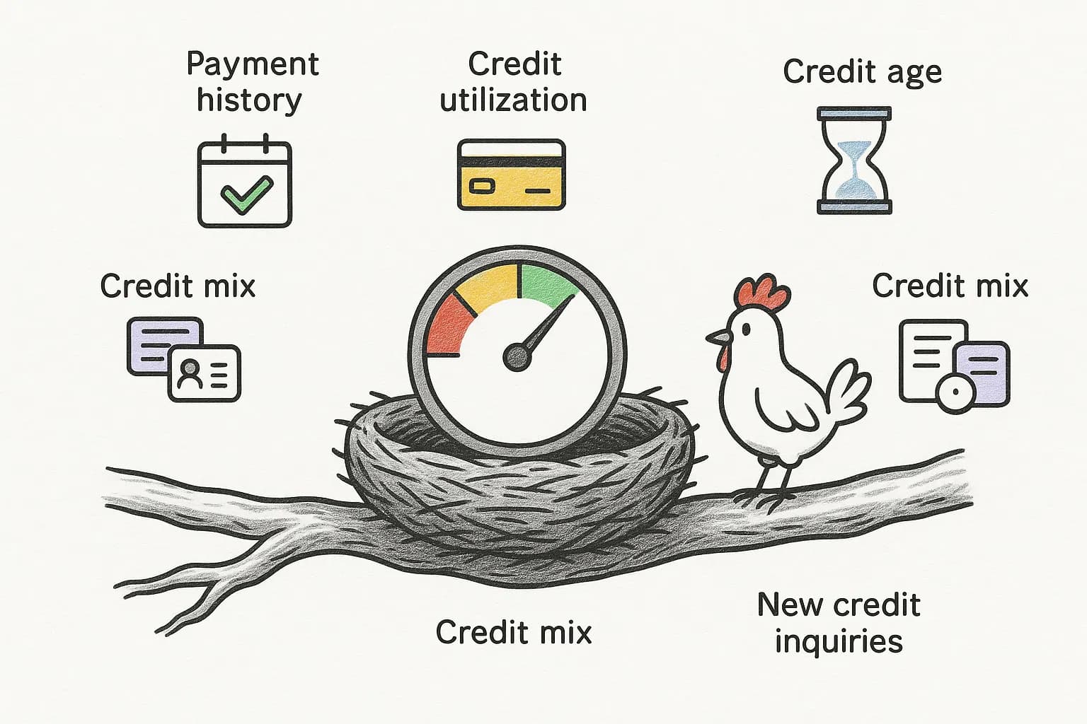 Illustration for article: How is a Credit Score Calculated? The 5 Nesting Habits