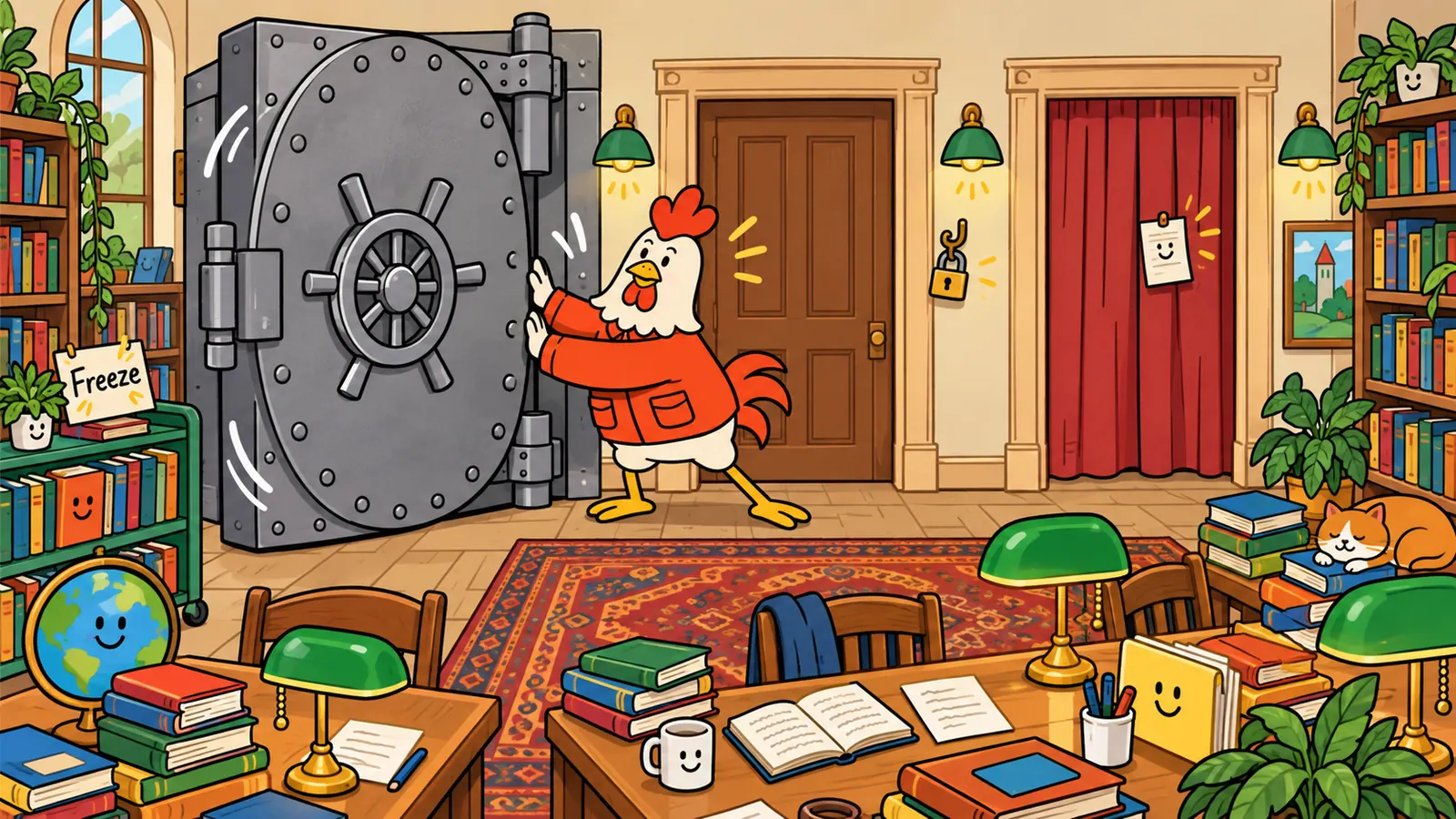 A padlock, a latch and a bell lined up on a workbench, each guarding an identical little door