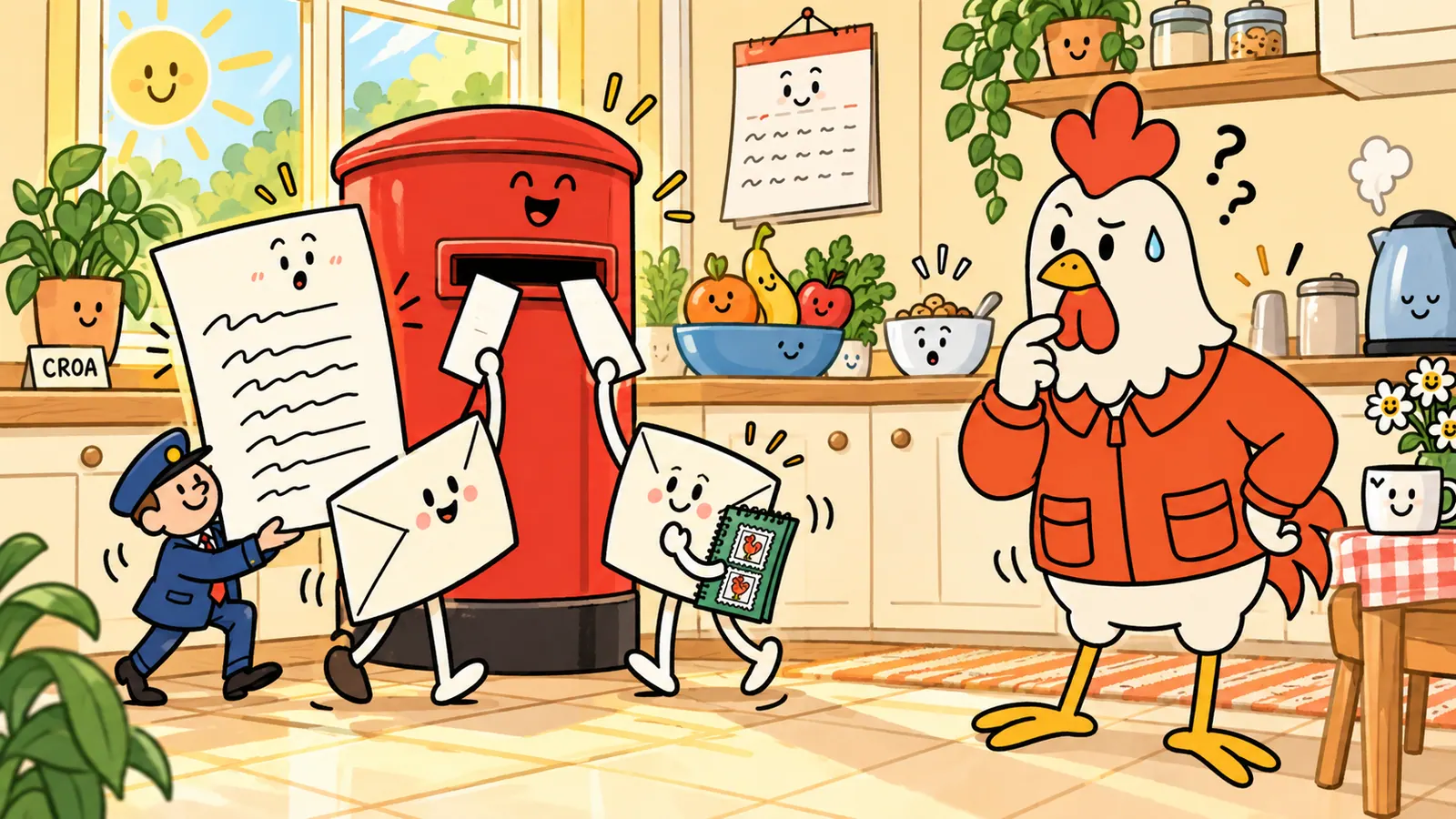 A courier waving a recurring invoice beside a small book of stamps, both at the same post box
