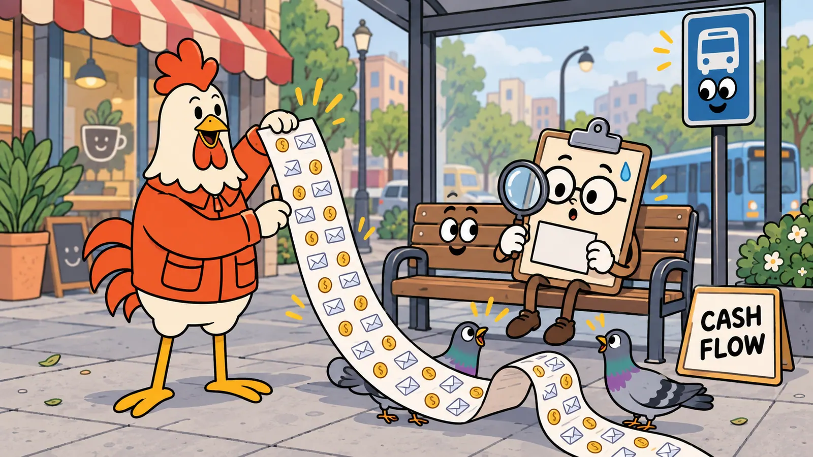 A small closed credit folder beside an enormous unrolled ledger covered in coin doodles