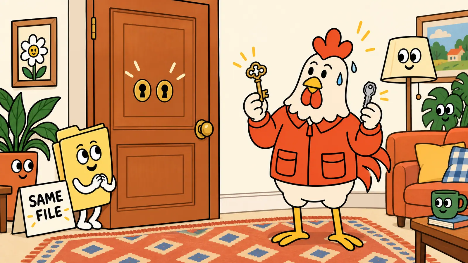 A single door with two keyholes and two very different keys held up to it