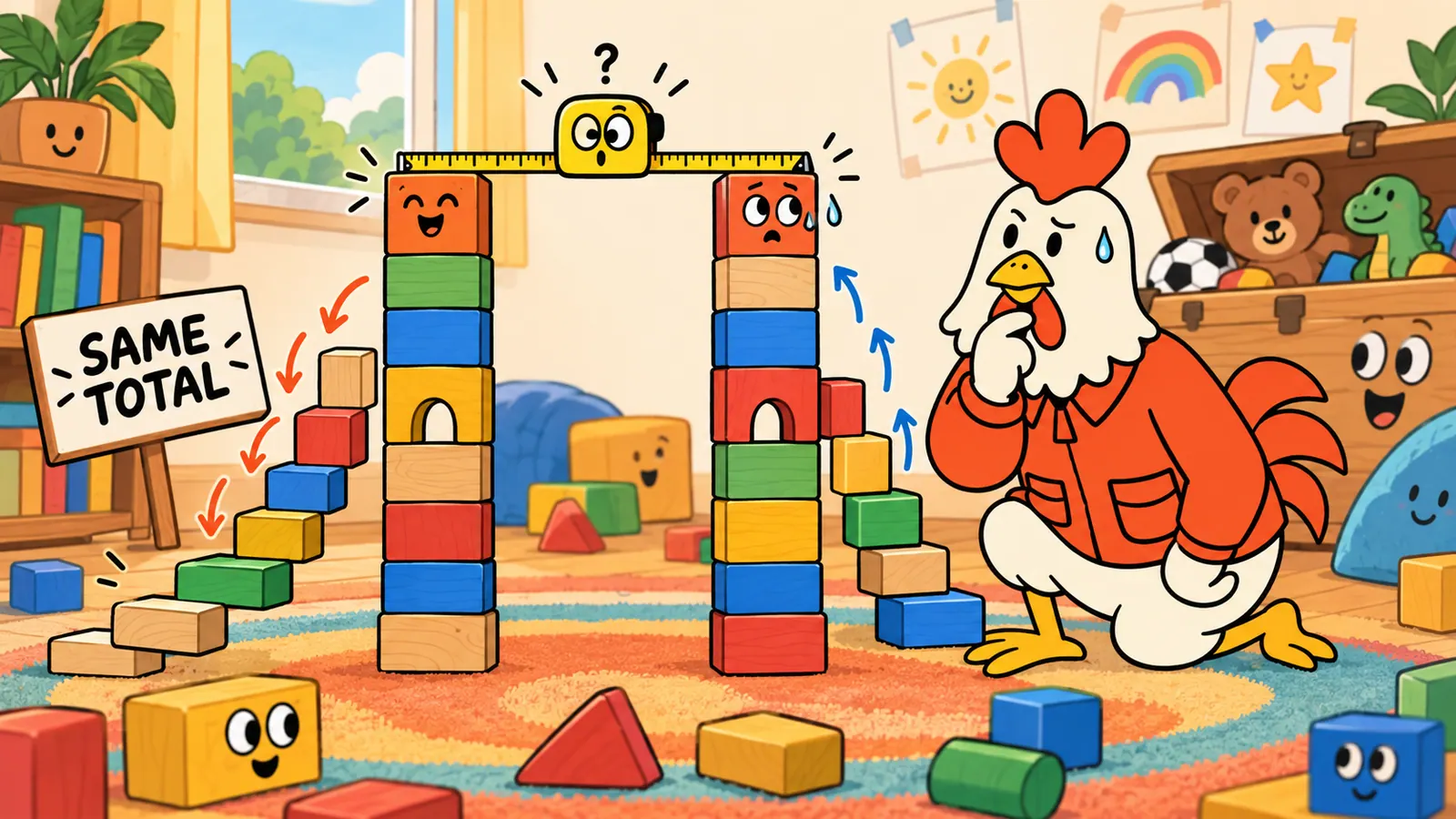 Two identical stacks of blocks, one being built up and one being taken down