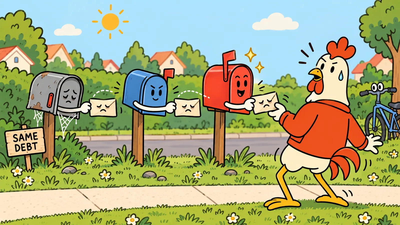 A single envelope passed along a row of three different mailboxes