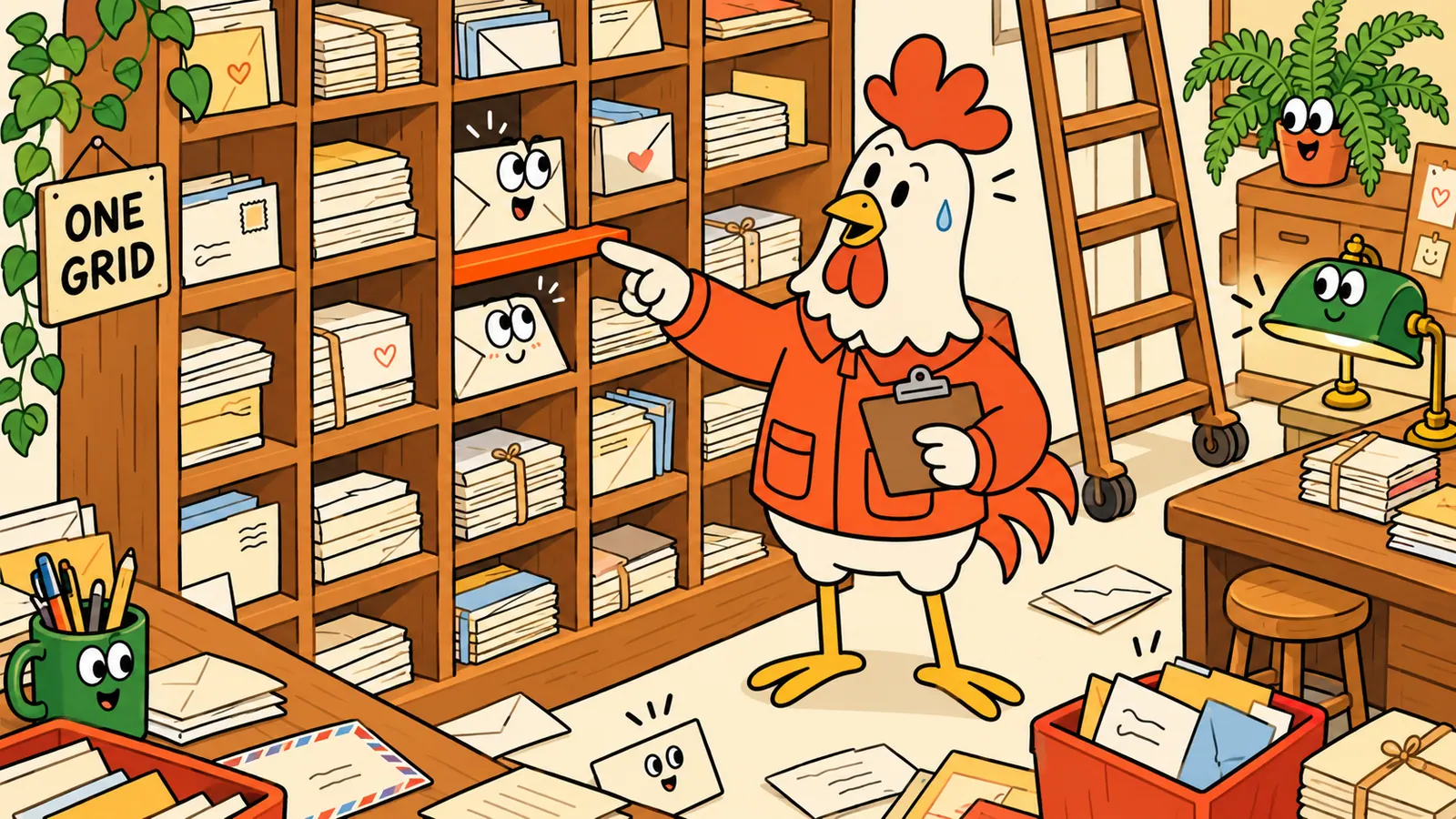 A rooster with a clipboard pointing at two envelopes in neighbouring pigeonholes of one sorting wall