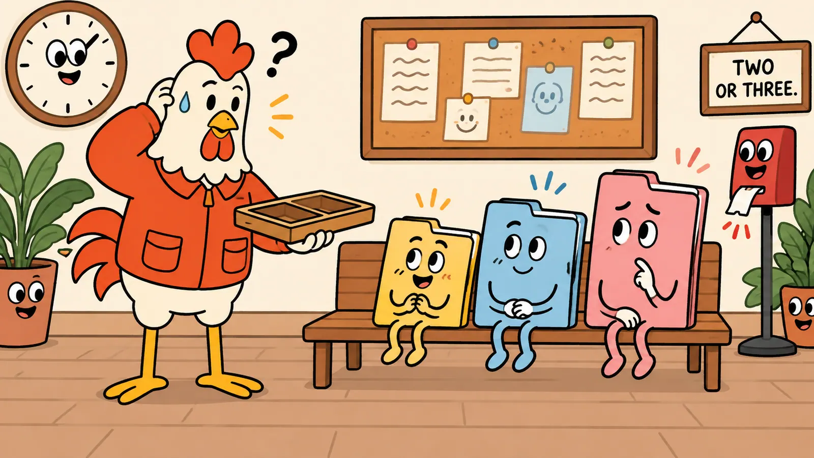 A rooster holding a two-slot tray in front of three folders seated in a row on a bench