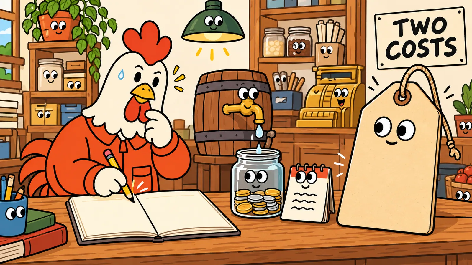 A rooster with an open ledger beside a dripping tap filling a jar and a single large price tag on a counter