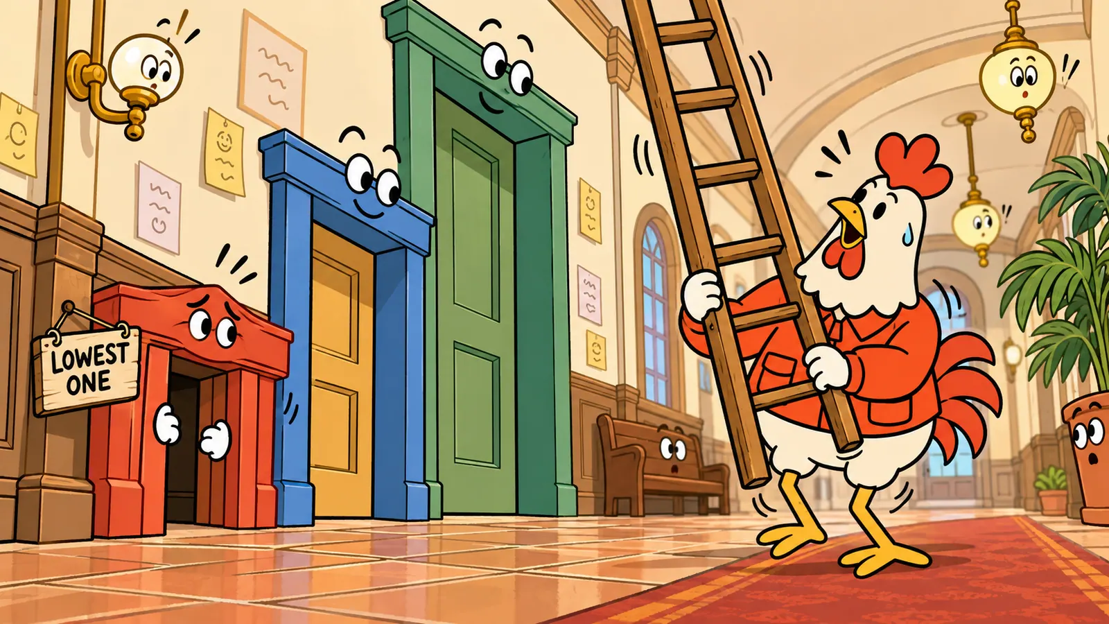 A rooster carrying a long ladder toward three doorways of different heights in a row