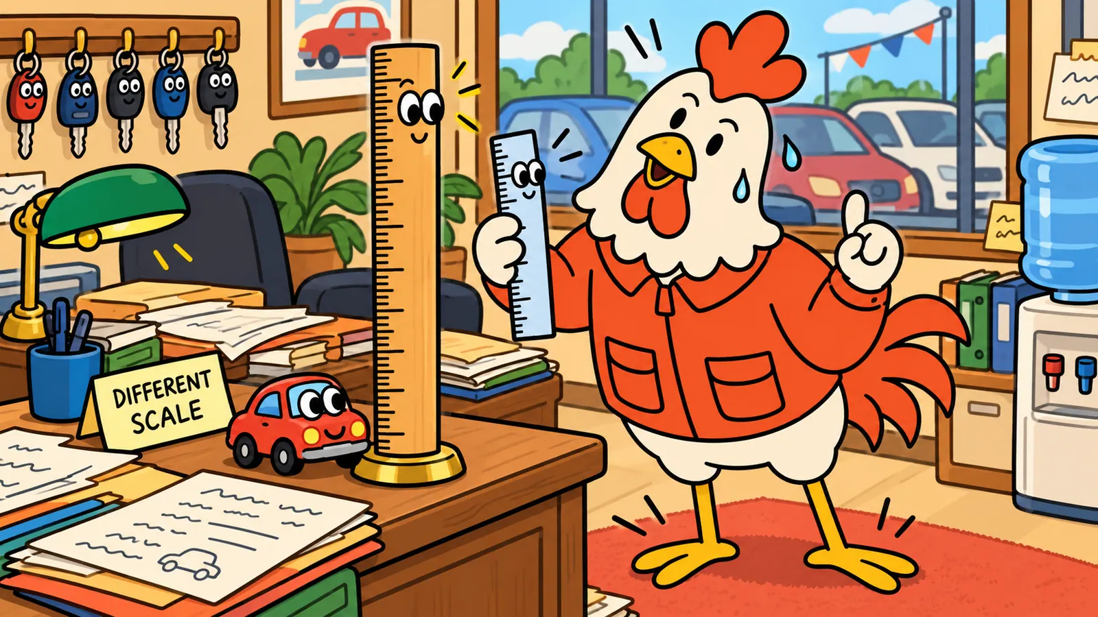 A rooster holding a short measuring stick up against a taller one on a car dealer's desk