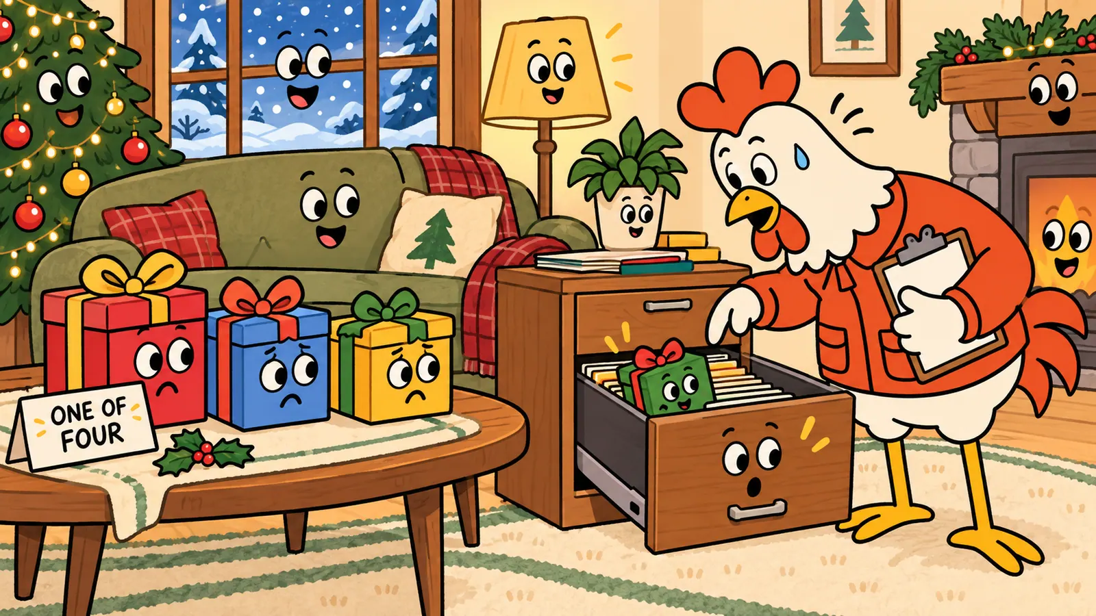 A rooster with a clipboard finding one gift box in a file drawer while three wait on a table