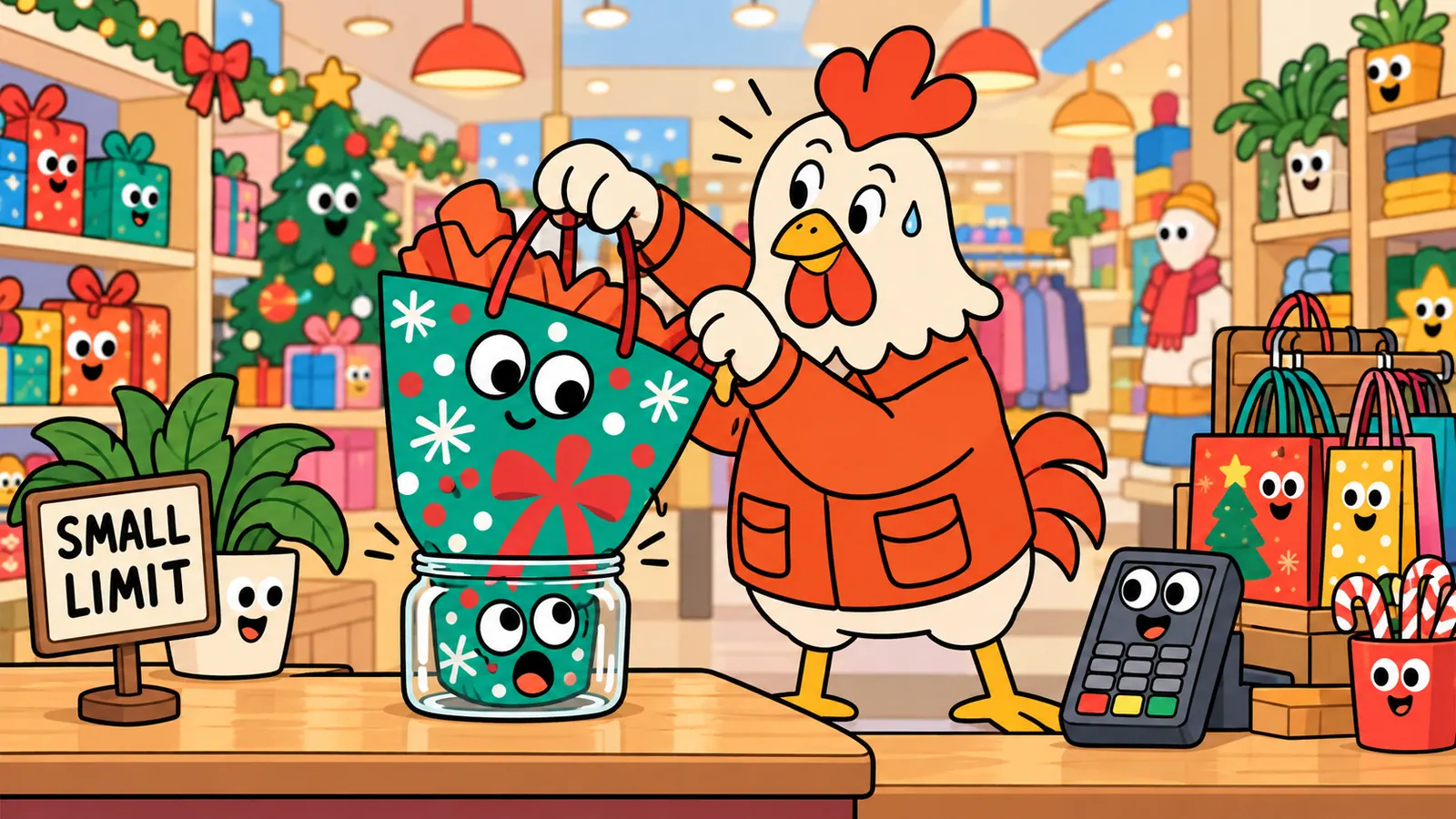 A rooster pushing a large shopping bag into a tiny glass jar at a store checkout
