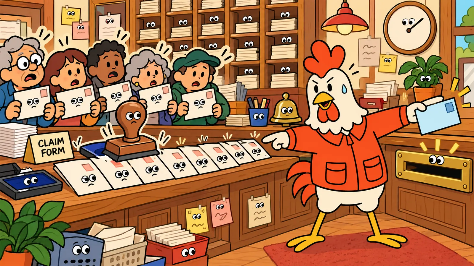 A rooster mailing his own envelope past a row of identical stamped letters at a post office