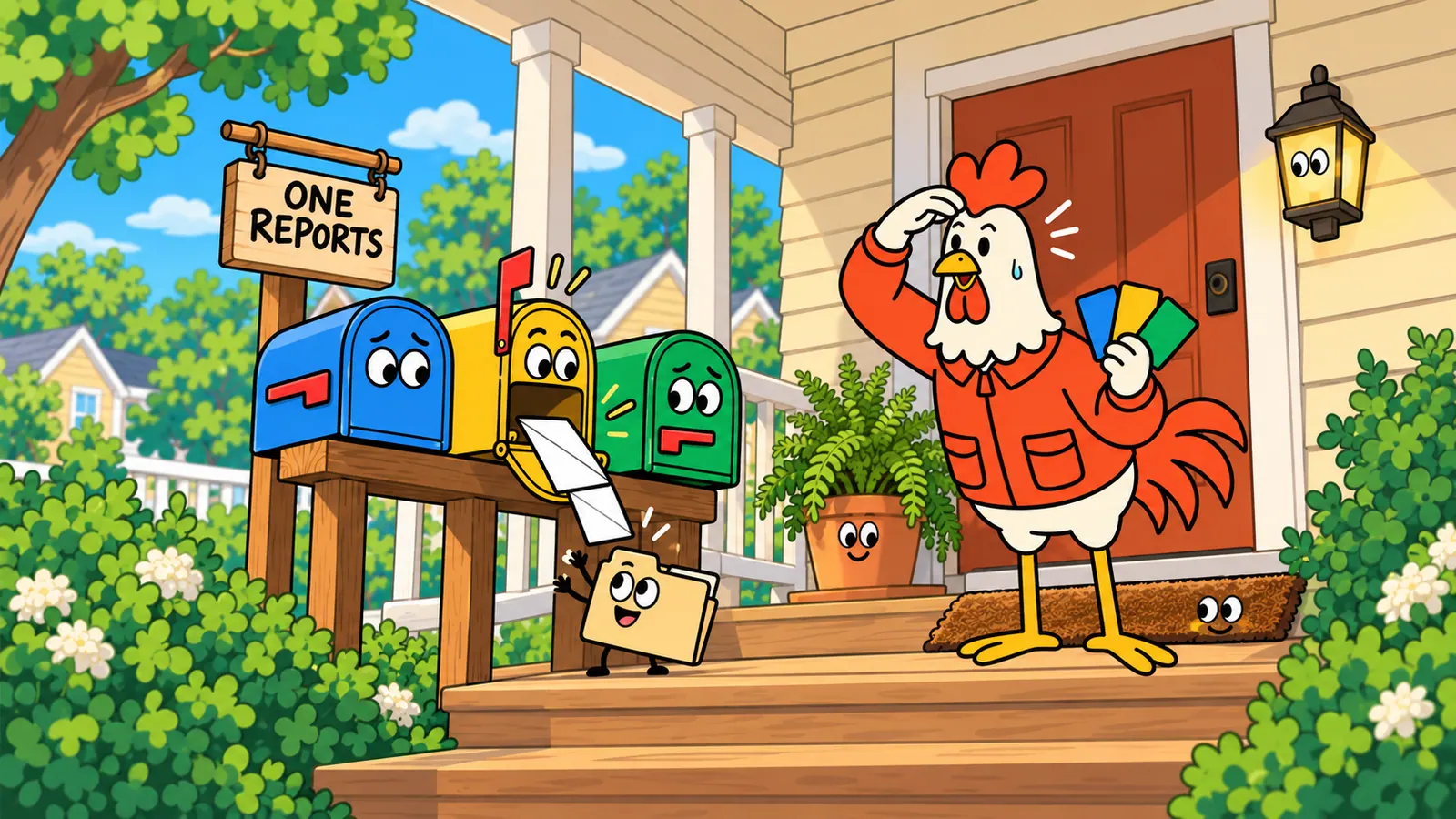 A rooster holding three cards while only one of three mailboxes delivers to a small file folder