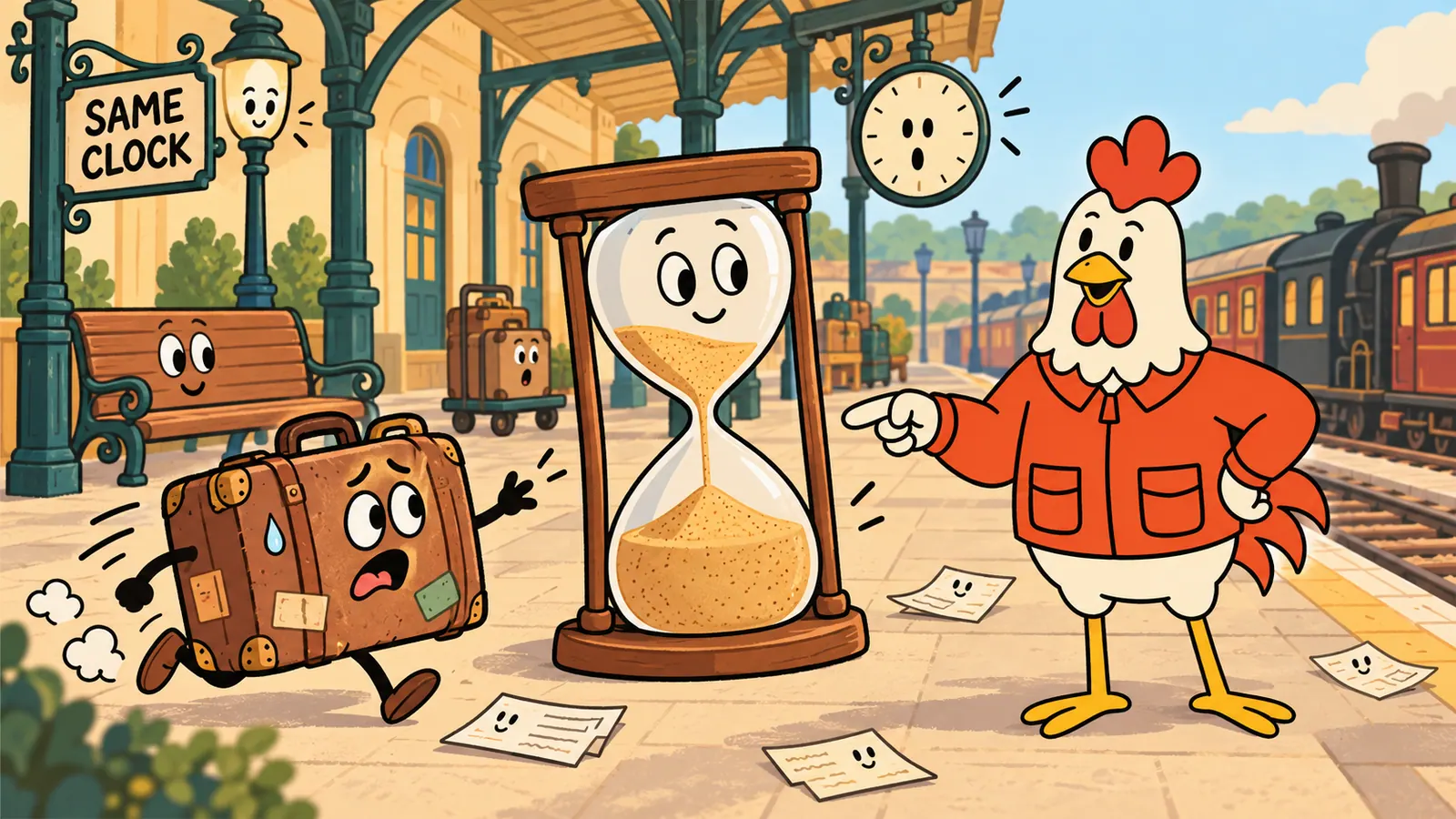 A rooster pointing at a half-run hourglass as a late suitcase hurries along a station platform