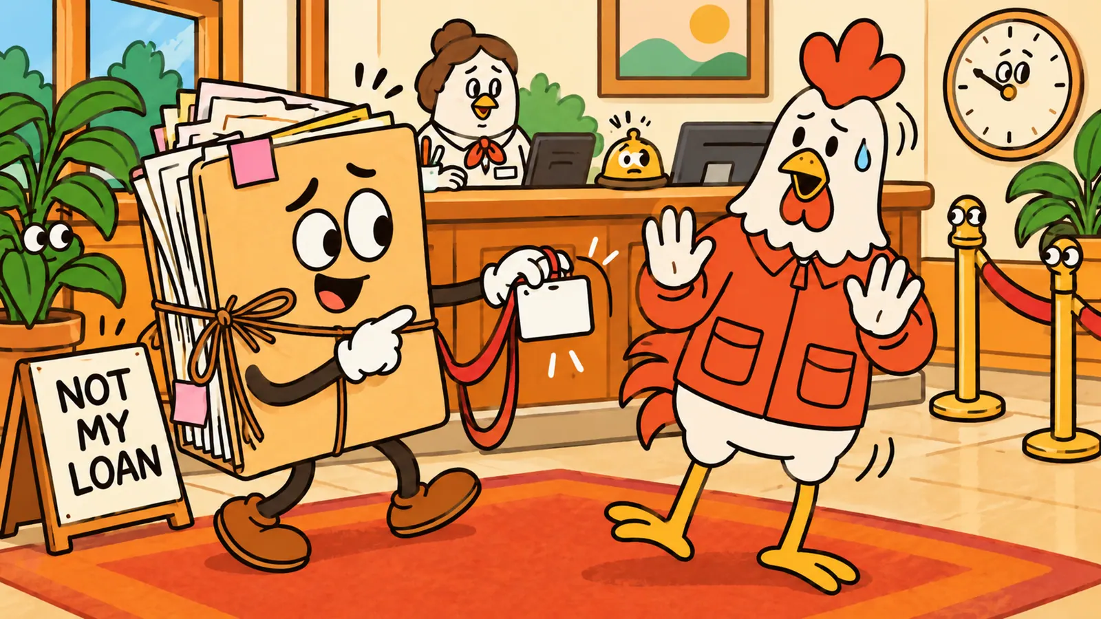 A rooster refusing a name tag that a large loan folder is pressing on him in a credit union lobby
